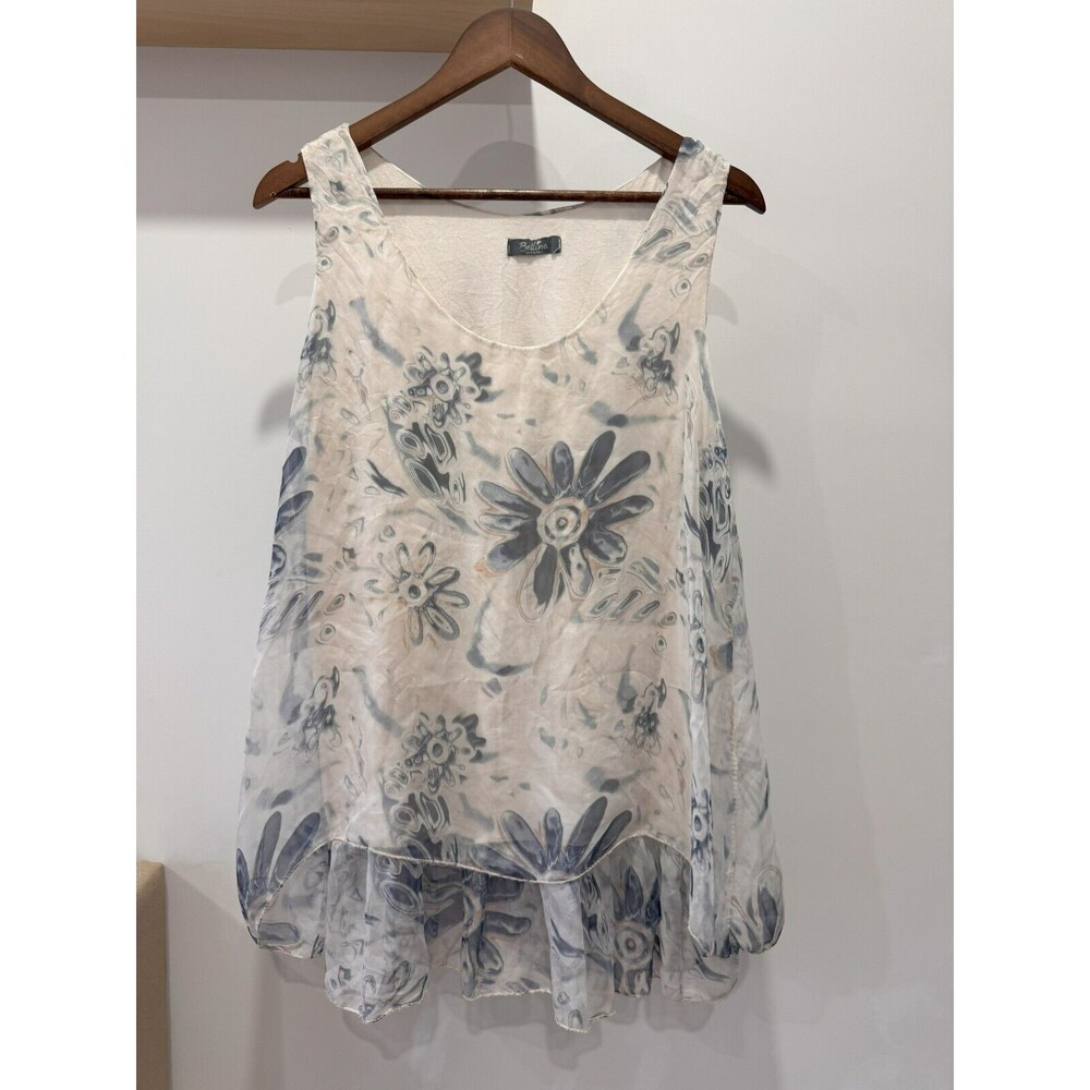 Bellina Womens S Blue Floral Silk Tiered Tunic Tank Top Blouse Flowers Italy